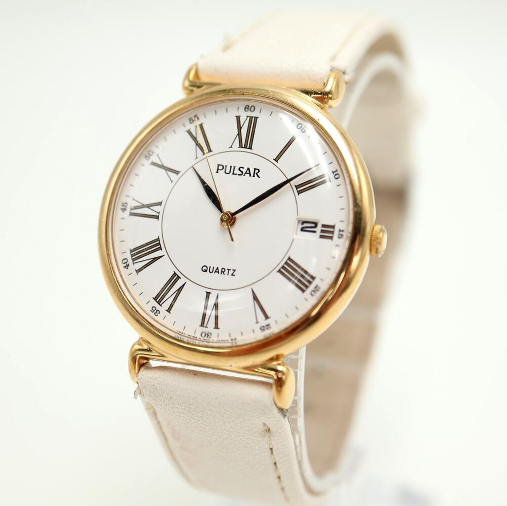Vintage Pulsar Unisex 33mm Date Watch Roman White Leather V537-8A30 New Battery